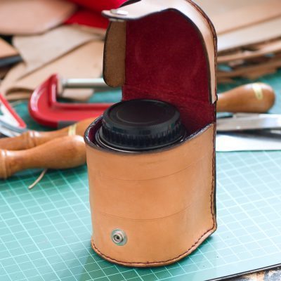 Handmade Leather Lens Case with lens inside